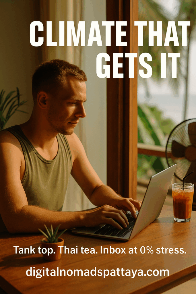 Man in tank top working by open window with Thai iced tea and fan in tropical setting