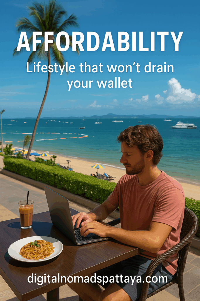 eating Pad Thai poolside with city skyline in background