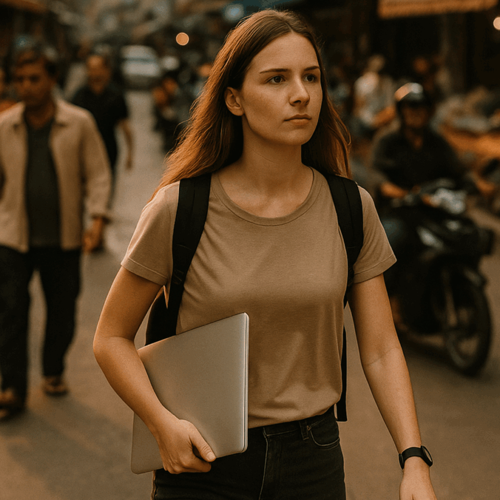 A woman walking down a soi