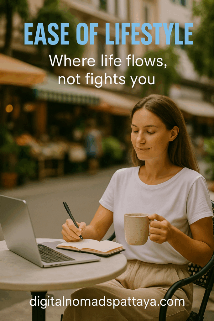Woman journaling at outdoor café in enjoying relaxed digital nomad work routine