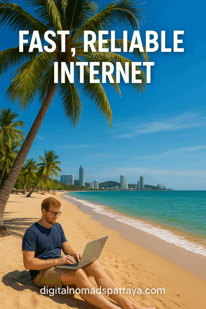 Remote worker using laptop on Pattaya beach under palm trees with city skyline in distance