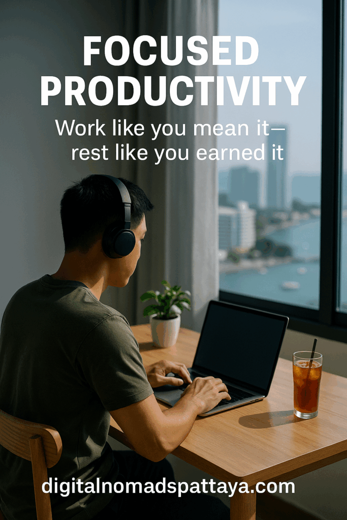Man working from high-rise apartment with ocean view and iced tea