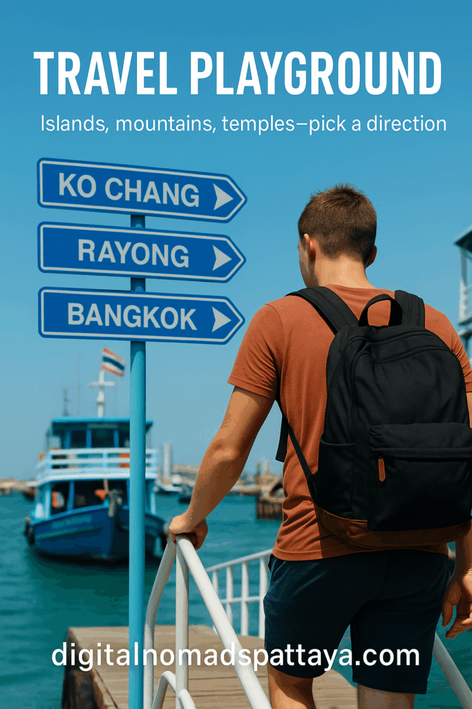Traveler with backpack at pier next to signs for Koh Chang, Rayong, Bangkok