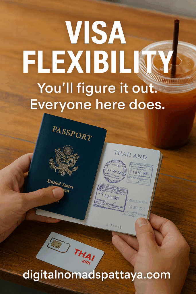 Hands holding passport and Thai visa near SIM card and iced drink in café